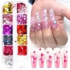 12 Cores e Formatos de Glitter e Lantejoulas para Decoração de Unhas com Estojo - Unha Encapsulada Nail Art