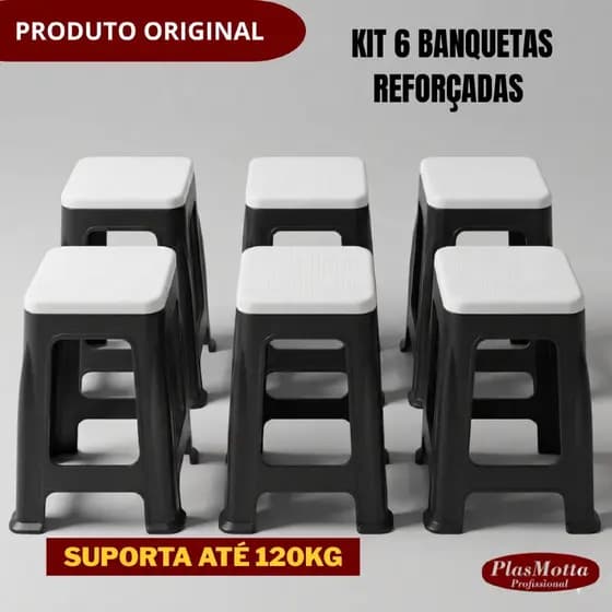 Kit 06 Bancos Banquetas Plástico Reforçado Resistente Bicolor Até 120kg Multiuso