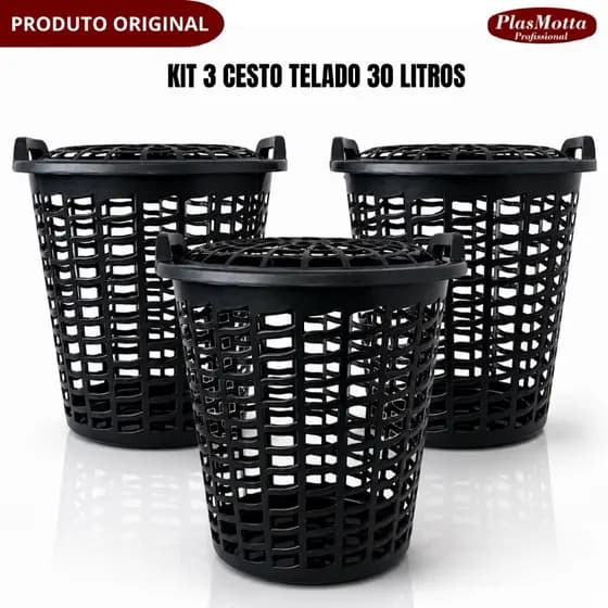 Kit 3 Cestos de Roupas Telado 30 Litros Plástico Banheiro Lavanderia Brinquedo Resistente Multiuso