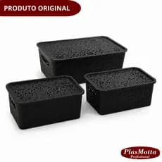 Kit Caixa Organizadora Oriental 7L e 3,5L Multiuso Cesto Retangular Empilhavel Tampa Organização