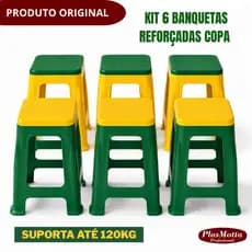 Kit 06 Bancos Banquetas Plástico Reforçado Copa Resistente Bicolor Até 120kg Multiuso