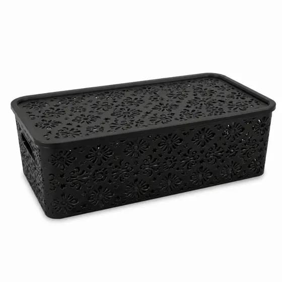 Kit 5 Caixa Organizadora Cesto Oriental Preto 7L Com Tampa Organizador Maquiagem Gaveta Banheiro