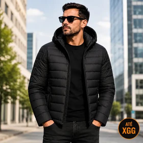 Casaco Jaqueta Puffer Gominho Masculina Impermeável Bobojaco Corta Vento Capuz Removível Frio Inverno Nylon Preta