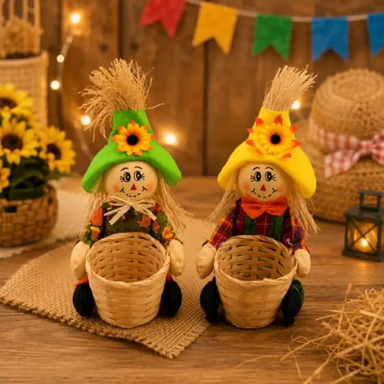 Kit Decoração Espantalhos Com Cesta Cestinho Artesanal Enfeite Mesa Festa Junina Julina Agostina