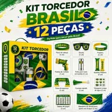 Kit Torcedor Copa do Mundo 2026 Brasil 12 Itens Torcida Bandeira Óculos Pulseira Adesivos Corneta