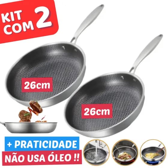 Kit 2 Frigideira Inox Antiaderente Revestida Granito Cerâmica Fogão Cooktop Indução e Gás 24/26CM