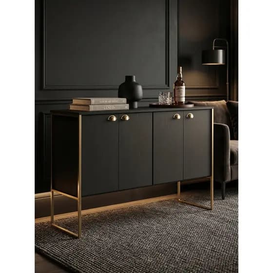 Aparador Buffet Multiuso 4 Portas MDF – Armário Sala, Sala de Jantar ou Hall. COR: PRETO E DOURADO