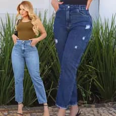 KIT 2 CALÇAS MOM JEANS FEMININA CINTURA E CÓS ALTO LEVANTA BUMBUM 100% ALGODÃO LISA E DESTROYD