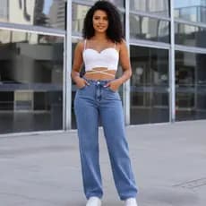 Calça Jeans Feminina Wide Leg Marmorizada Cintura Alta 100% Algodão Premium