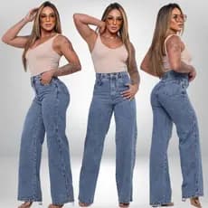 Calça Jeans Feminina Wide Leg Pantalona Marmorizada Cintura Alta 100% Algodão Premium