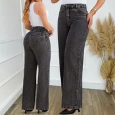 Calça Jeans Wide Leg Grafite Jeans Preta Marmorizada Calça 100% Algodão Pantalona Cintura Alta