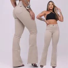 Calça Jeans Feminina Flare Pantalona Bege Jeans Premium Cos Alto Empina Bumbum  Boca de Sino Com Elastano