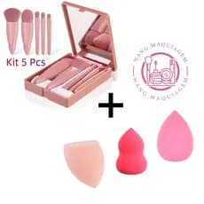 Kit Estojo 5 Pincéis com espelho Portátil + 3 Esponjas Para Maquiagem