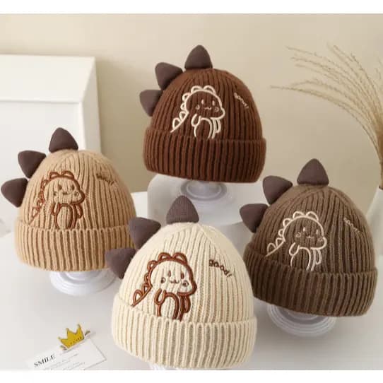 Gorro infantil estilo japonês e coreano, ideal para outono e inverno, com estampa de dinossauro, cor sólida, aba enrolad