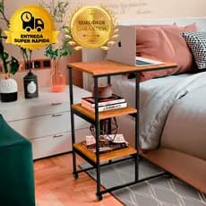 Mesa Lateral de Apoio Carrinho Auxiliar para Cama Sofá Estilo Industrial com Rodinhas