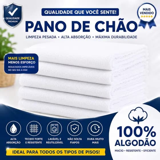 Kit 05 Pano de Chão Grande Grosso Saco 75x45cm, Saco Grosso, Alvejado, Limpeza De Casa, Escritório, 100% Algodão