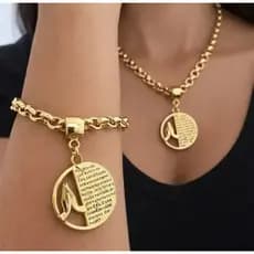 conjunto colar e pulseira oração pai nosso feminino corrente veneziana grossa