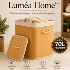 Cesto Organizador de Bambu 70L com Tampa e Alças Luméa Home™ Roupeiro Grande Premium Multiuso