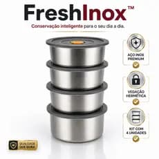 Kit 4 Potes Herméticos Inox 450ml Redondos com Tampa Vedação para Alimentos FreshInox™