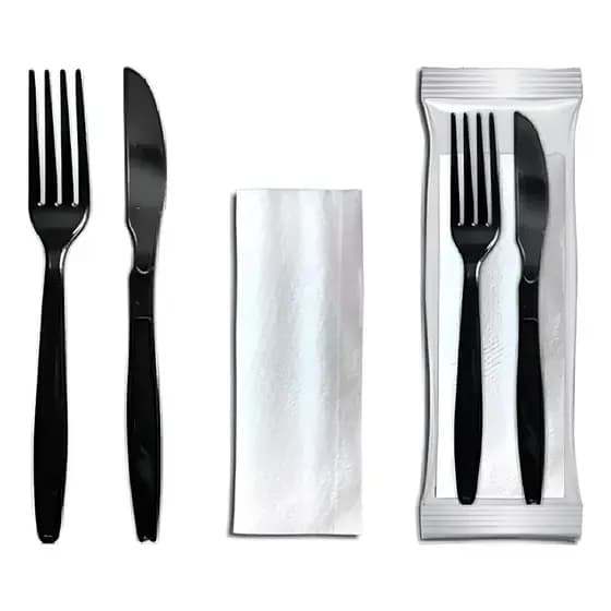 100 KITS TALHER GARFO FACA E GUARDANAPO PRETO EMBALADO