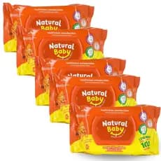 Kit 5 Pacotes Lenço Umedecido Natural Baby Wipes - 100 Unidades Cada
