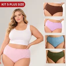 Kit 5 Calcinhas Plus Size 100% Algodão Cós Alto Confortável Tanga Respirável Calçola Idosa Hospital