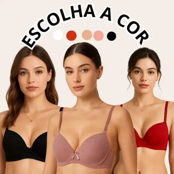Kit 3 Sutiã com Bojo Canelado Alça Regulável Soutien Básico dia a dia Sutian confortável Moda Íntima