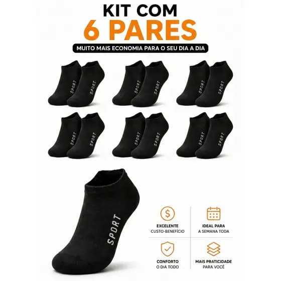 Kit 06 Pares Meias Cano Curto Soquete Respirável Promoção Tamanho Único Unissex Preta