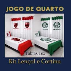 Jogo de Quarto Torcida Lençol de Cama Solteira Com Porta Trevesseiro e Cortina de Janela Tema Times