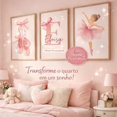 kit 3 Quadros COM OU SEM MOLDURA  Bailarina e Sapatilha Rosa com Nome Personalizado