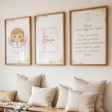 Quadro decorativo COM OU SEM MOLDURA com 3 peças infantil menina oração do santo anjo com nome personalizado