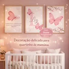 Kit 3 Quadro decorativo menina borboletas para quarto infantil — com ou sem moldura