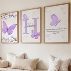 Quadro decorativo COM OU SEM MOLDURA de borboleta com nome personalizado com tom lilas