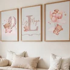 KIt Quadro COM OU SEM MOLDURA Ursinho Rosa com nome personalizado para quarto menina balao nuvem estilo chic