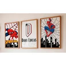 Kit Quadro COM OU SEM MOLDURA infantil do homem aranha com nome personalizado em mdf