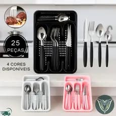 Kit25 Conjunto Jogo de Talheres Home em Aço Inox Gaveteiro Faqueiro Preto Branco Vermelho Rosa Jantar Colher Garfo Faca