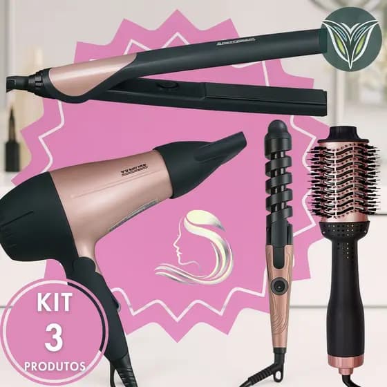 KIT 3 Escova Secadora + Secador de Cabelo Portátil + Modelador de Cachos + Chapinha Profissional Rosa Potente Qualidade