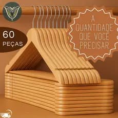 KIT 60 Conjunto Cabide De Madeira Marfim com Verniz Antideslizante Organizador Loja Roupa Closet Armario Adulto Infantil