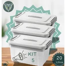 KIT 3 Caixas Organizadora Cesto Multiuso com Tampa Alça Trava 20 Litros Transparente Armazenar Guardar Organizar