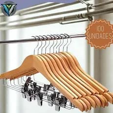 KIT 100 Cabide de Madeira Com Presilha Gancho Aço Closet Armario Saia Calça Organizador Qualidade Loja de Roupa Premium