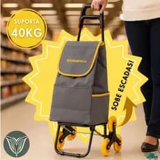 Carrinho de Carga Compras Feira com 3 Rodas - Sobe Escada Sacola para Mercado Supermercado Multiuso Dobrável Resistente