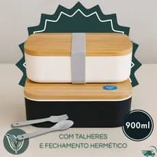 Kit Marmiteira 900ml Com Talher Tampa Dupla Madeira Lancheira Marmita Refeiçao Duas Divisorias Preta Branca Talheres