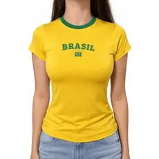 Babylook Copa 2026 Brasil Premium Toque de Poliamida Blusa Manga Curta Baby Look Tee Slim Fit Fitness Camiseta Feminina