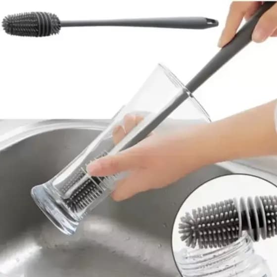 Escova De Silicone P/Lavar Garrafa Mamadeira Copo Taça Banheiro Casa Cozinha Limpeza Multiuso C/Cabo