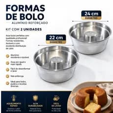 KIT 2 Formas para Bolo com furo,22 e 24cm Torta Suíça Pudim Alumínio Reforçado