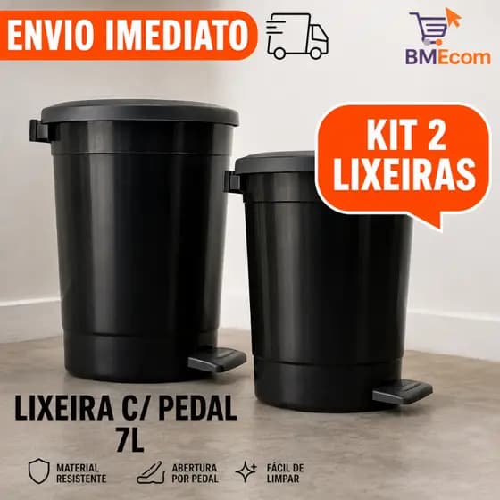 Kit 2 Lixeiras Redondas Com Pedal 7l Litros Preta Cozinha Banheiro Lavanderia Escritório