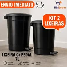 Kit 2 Lixeiras Redondas Com Pedal 7l Litros Preta Cozinha Banheiro Lavanderia Escritório