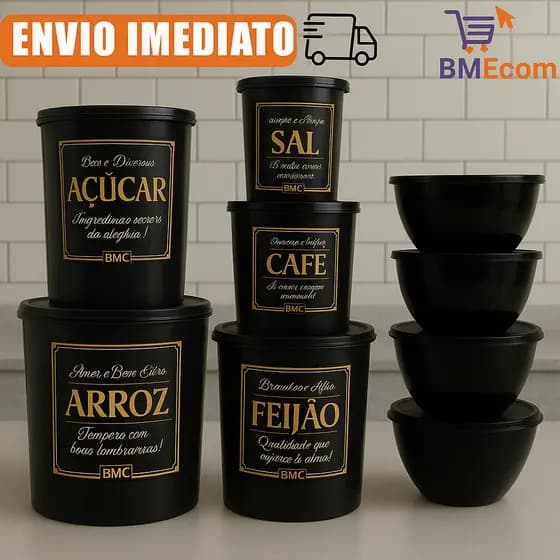 Kit de Potes Mantimentos Para Cozinha 9 Peças Plástico Decorado
