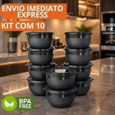Kit 10 Bowl Preto Potes de Cozinha c Tampa  Tapoer Alimentos e Marmitas Congelador