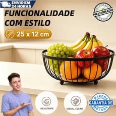 Fruteira de Mesa Rustica de Ferro e Bambu para Café da Manhã Multiuso de Metal Preto para Mesa